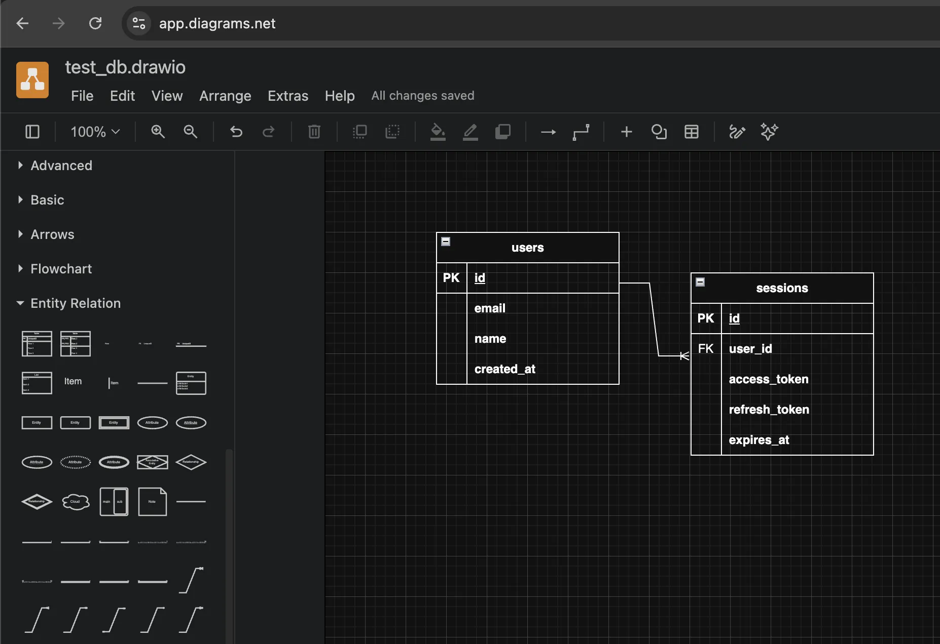 Example of an entity relationship diagram from app.diagrams.net (Draw.io)