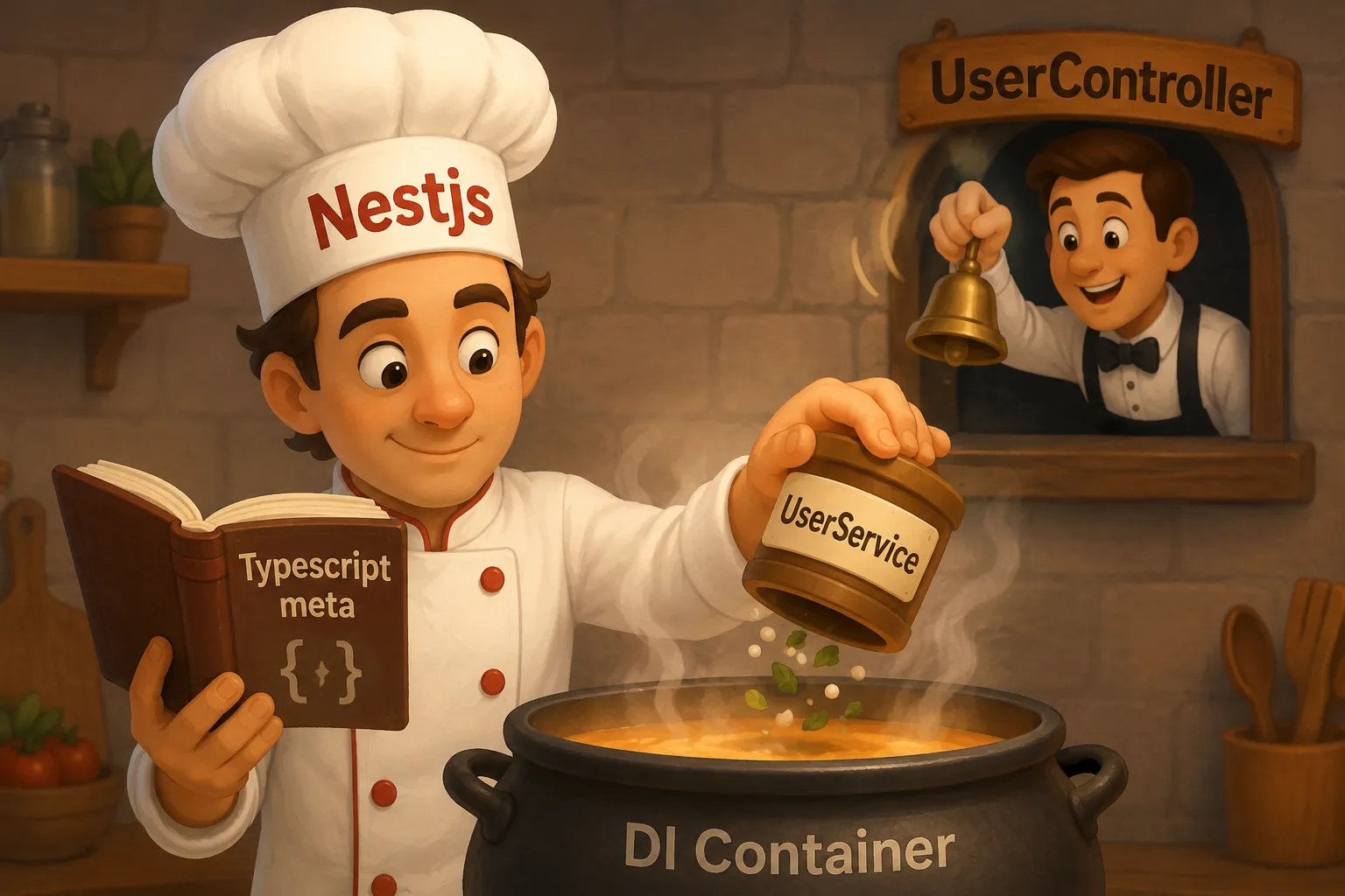 A chef labeled NestJS pours a pot labeled UserService into a cauldron labeled DI Container while reading a TypeScript metadata cookbook, as UserController rings for it